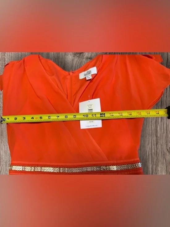 NWT Belle Badgley Mischka Orange Cocktail Dress Crossover Flutter Sleeve - Picture 9 of 11